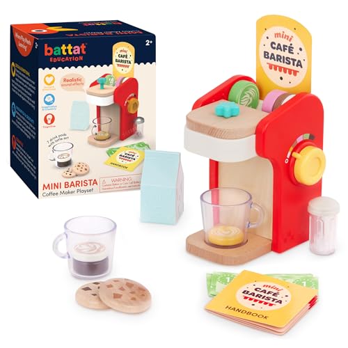 Battat Education Kaffeemaschine Kinder aus Holz für Kinderküche und Spielküche Zubehör – Pads, Milch, Zucker, Kaffeetassen, Kekse – Spielzeug Küchenzubehör, Spielgeschirr, Holzspielzeug ab 2 Jahren von Battat Education