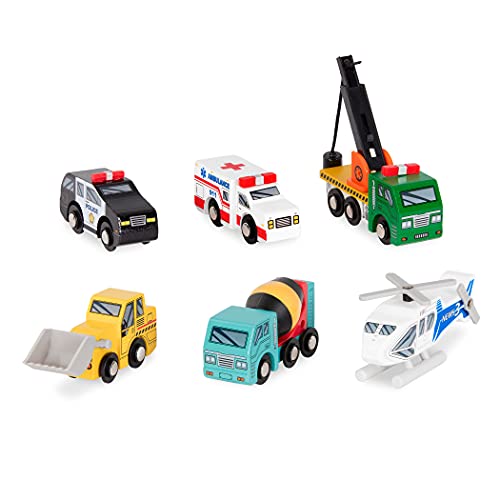 Battat Holzspielzeug 6-teiliges Set, Holzautos Bagger, Betonmischer, Polizeiauto, Abschleppwagen und mehr – Kinder Spielzeug Autos ab 3 Jahren von Battat