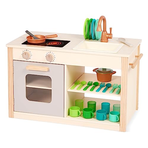 Battat – Kinderküche Holz mit Zubehör, Spielküche Holz, Holzküche – Kreidetafel, Ofen, Waschbecken, Herd, Geschirr, Holzspielzeug ab 2 Jahren (26 Teile) von Battat