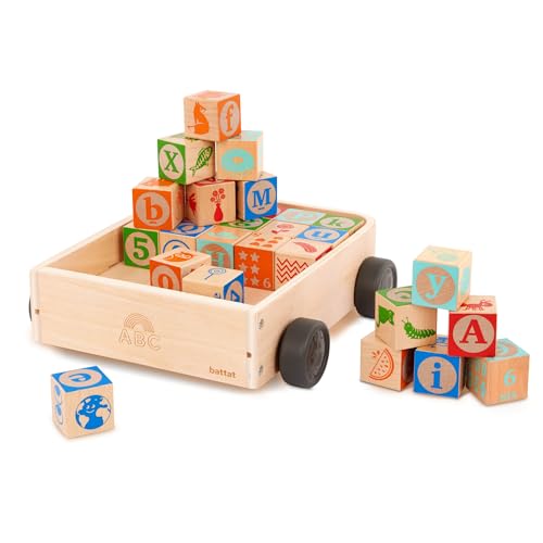 Battat ABC Holzklötze im Wagen – 26 Groß- und Kleinbuchstaben des Alphabets und 4 Zahlenblöcke (30 Teile) Holzspielzeug – Stapel- und Lernspielzeug für Kinder ab 10 Monaten von Battat