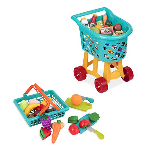 Battat Einkaufswagen Kinder 60 Teile mit Spielzeug Einkaufskorb, Obst und Gemüse zum Schneiden – Kinderküche, Spielküche, Kaufladen Zubehör ab 3 Jahre von Battat