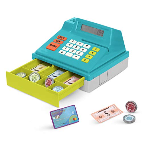 Battat Spielkasse Kinder, Kasse Spielzeug, Spielzeugkasse, elektronische Supermarktkasse mit Taschenrechner – mit Kaufladen Zubehör Geld, Kredit Karte ab 3 Jahren (48 Teile) von Battat