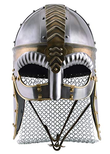 Battle-Merchant Brillenhelm Beowulf mit Wangenklappen und Kettenbrünne mit verstellbarem Lederinlay - Wikingerhelm aus Stahl für Erwachsene von Battle-Merchant
