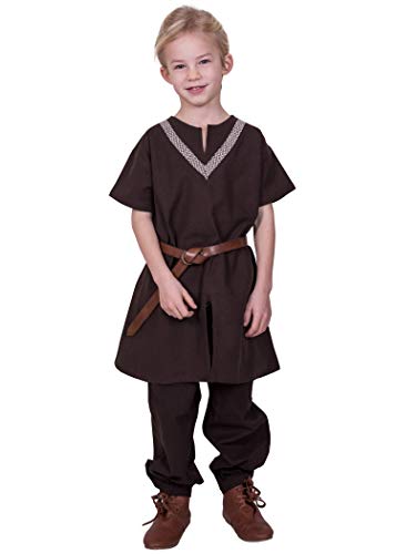 Battle-Merchant Kinder Mittelalter Tunika Ailrik mit Bordüre kurzarm | Jungen Mädchen (Braun, 146) von Battle-Merchant