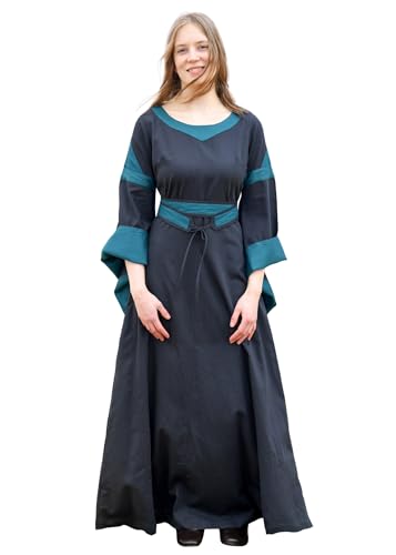 Battle-Merchant – Mittelalterkleid Bliaut Konstanze mit Gürtel – Gewandung für Damen – Mittelalter, Kleid, Kostüm, LARP (DE/NL/SE/PL, Alphanumerisch, L, Regular, Regular, dunkelblau/petrol) von Battle-Merchant