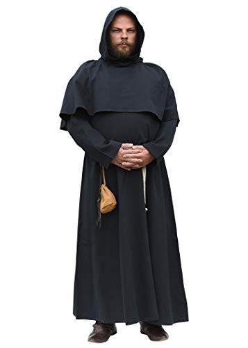 Battle-Merchant Mönchskutte mit Kapuze und Kordel in schwarz oder braun - Mittelalter LARP Kostüm Mönch (Schwarz, XXL) von Battle-Merchant