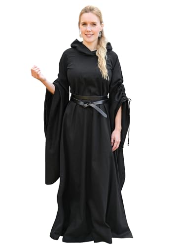 Battle-Merchant - langes Mittelalterkleid Isra mit Trompetenärmeln und großzügiger Kapuze für Damen - für Karneval, Halloween, LARP (M, Schwarz) von Battle-Merchant