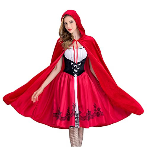 Battnot Damen Rotkäppchen Kostüm, Kleid und Umhang Delux Little Red Hood Kostüm Prinzessin Kleid + Umhang Umhang Halloween Outfits Cosplay Verkleidung Karneval Weihnachten Geburtstag Party Kostüm von Battnot