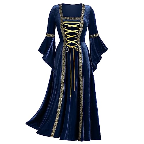 Battnot Mittelalter Kleid Damen Festliches Kleider Damen Mittelalter Kleid Trompetenärmel Bodenlanges Retro Kostüm Gewand Gothic Renaissance Viktorianisches Prinzessin Kleidung Hexenkostüm von Battnot