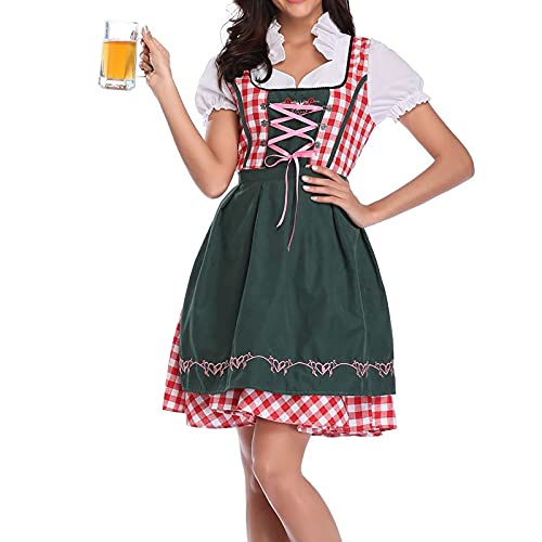 Battnot Oktoberfest Kostüm für Damen Bayerische Biermädchen Drindl Tavern Maid Kleid+Schürze Kellnerin Bardame Halloween, Frauen Plaid Spitze-up Cosplay Programm Bekleidung Festival Karneval Kleider von Battnot