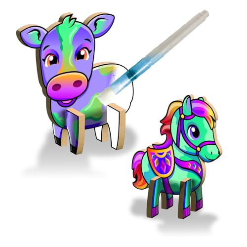 Create N Colour - Bauernhoftiere Kuh & Pferd: 3D Holzmodell zum Gestalten mit Wasser, inkl. Wassermalstift, 2er Pack (201015) von Bauer Spielwaren