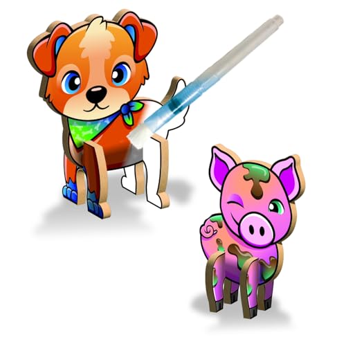 Create N Colour - Bauernhoftiere Hund & Schwein: 3D Holzmodelle zum Gestalten mit Wasser, inkl. Wassermalstift, 2er Pack (201016) von Bauer Spielwaren