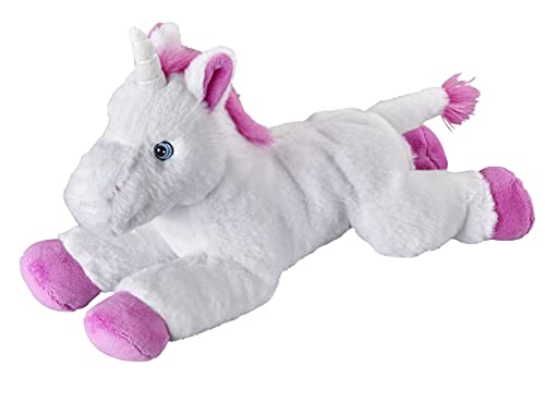 Bauer Spielwaren I Like My Planet - Einhorn: Kuscheltier aus softem Plüsch, hergestellt aus recycelten PET-Flaschen, 100% recycelt, liegend, 33 cm, weiß-pink (12943) von Bauer Spielwaren