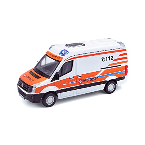 Bauer Spielwaren VW Crafter Malteser: Einsatzfahrzeug im Maßstab 1:50, ab 3 Jahren, ca. 12,5 cm, weiß-orange (18-32011M) von Bauer Spielwaren