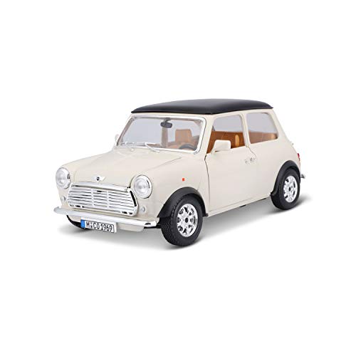 Bburago Mini Cooper (1969): Modellauto im Maßstab 1:16, Türen und Motorhaube zum Öffnen, lenkbar, 26 cm, beige/schwarz (18-12036W) von Bauer Spielwaren
