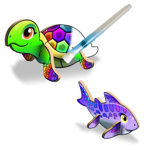 Create N Colour - Meerestiere Meeresschildkröte & Hai: 3D Holzmodelle zum Gestalten mit Wasser, inkl. Wassermalstift, 2er Pack (201024) von Bauer Spielwaren