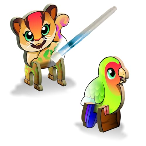 Create N Colour - Meine Tierwelt Puma & Papagei: 3D Holzmodelle zum Gestalten mit Wasser, inkl. Wassermalstift, 2er Pack (201019) von Bauer Spielwaren