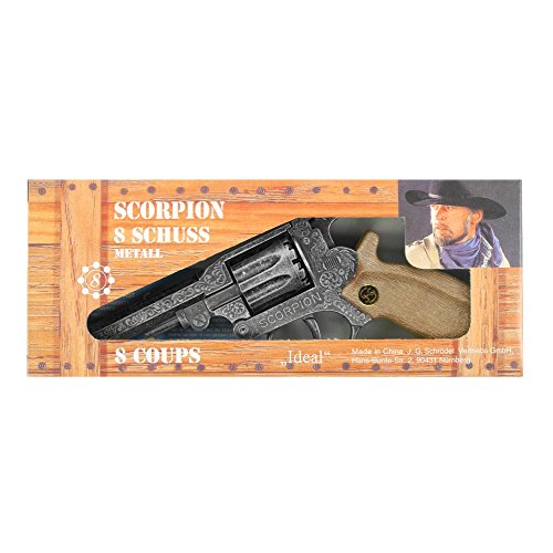 J.G.Schrödel Scorpion antik: Spielzeugpistole für Zündplättchen-Munition, in Box, passend für Cowboys und Sheriffs, 8 Schuss, 22 cm, grau / silber (106 8278) von Bauer Spielwaren