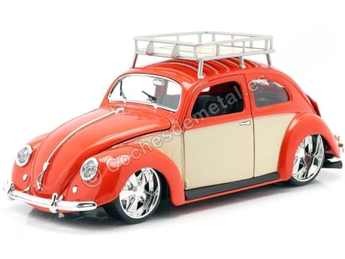 Maisto Volkswagen Käfer ´56: Originalgetreues Modellauto 1:18, mit Dachgepäckträger, bewegliche Türen, Koffer- & Motorraum zum Öffnen, 23 cm, rot-creme (532614) von Bauer Spielwaren