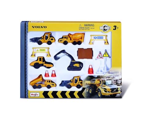 Maisto Volvo Baufahrzeuge: Spielzeugautos im 6er-Pack, mit Baustellenzubehör, wie Pylonen und Schilder, 8 cm (512376) von Bauer Spielwaren