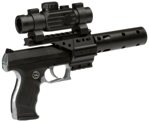 PARTY DISCOUNT J.G.Schrödel PB 001: Spielzeugpistole für Zündplättchen,mit Schalldämpfer und Ziffernrohr, ideal für das Polizeikostüm, 13 Schuss, 29 cm, schwarz (307 0100) von Bauer Spielwaren