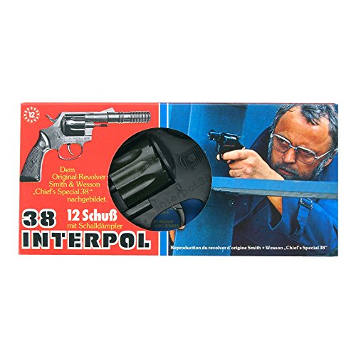 Schrödel J.G. Interpol 38: Spielzeugpistole mit Schalldämpfer für Zündplättchen-Munition, in Box, 12 Schuss, passend zum Faschings-Kostüm, 23 cm, schwarz/braun (202 0038) von Bauer Spielwaren