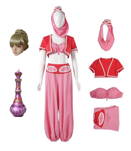 Bauxhie Adult Damen I Dream of Jeannie Cosplay Kostüm mit Flasche Full Set für Halloween (Rosa+ Perücke, 3XL) von Bauxhie