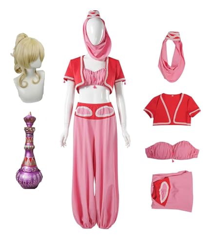 Bauxhie Adult Damen I Dream of Jeannie Cosplay Kostüm mit Flasche Full Set für Halloween (Rosa+ Perücke, L) von Bauxhie
