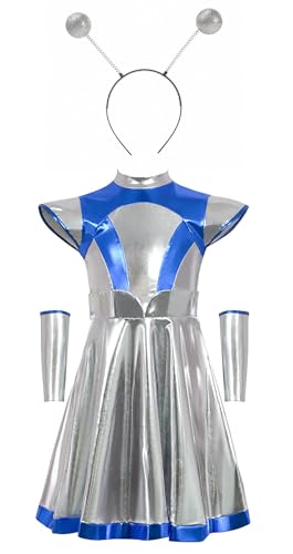 Bauxhie Alien Kostüm Damen Metallic Kleid mit Alien Stirnband Halloween Cosplay Outfits (Blau, M) von Bauxhie