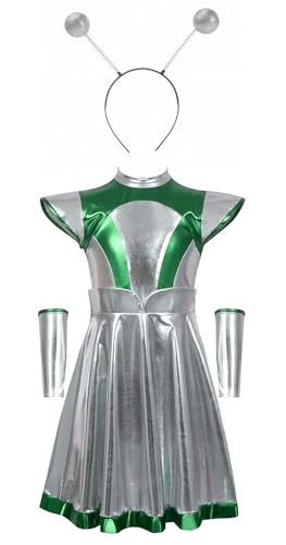 Bauxhie Alien Kostüm Damen Metallic Kleid mit Alien Stirnband Halloween Cosplay Outfits (Grün, M) von Bauxhie