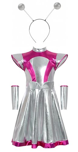 Bauxhie Alien Kostüm Damen Metallic Kleid mit Alien Stirnband Halloween Cosplay Outfits (Rosa, M) von Bauxhie