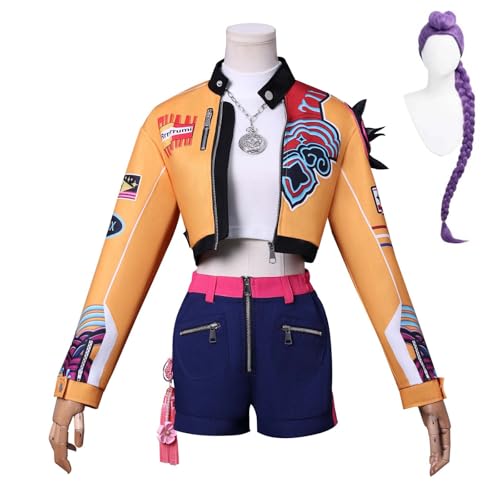 Bauxhie Anime Demon Hunters Kostüm Womens Rumi Cosplay Jacke Shorts Tops mit Zubehör Full Set für Halloween (Gelb + Perücke, XXL) von Bauxhie