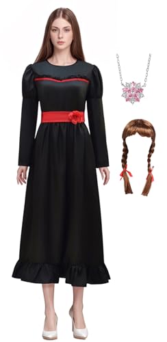 Bauxhie Annabelle Kostüm für Damen Weißes Kleid mit Taillenband Halskette Full Set für Halloween (Schwarz + Perücke, M) von Bauxhie