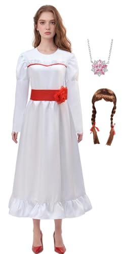 Bauxhie Annabelle Kostüm für Damen Weißes Kleid mit Taillenband Halskette Full Set für Halloween (Weiß + Perücke, S) von Bauxhie