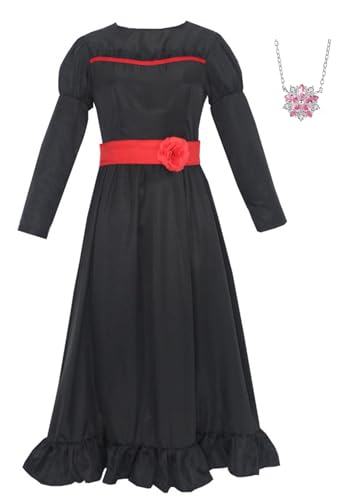 Bauxhie Annabelle Kostüm für Kinder Mädchen Annabelle Cosplay weißes Kleid mit Taille Halskette Anzug für Halloween (Schwarz, 7-8 Jahre) von Bauxhie