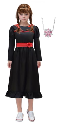 Bauxhie Annabelle Kostüm für Kinder Mädchen Annabelle Cosplay weißes Kleid mit Taille Halskette Anzug für Halloween (Schwarz + Perücke, 13-14 Jahre) von Bauxhie