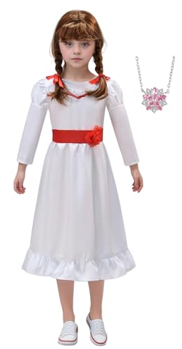 Bauxhie Annabelle Kostüm für Kinder Mädchen Annabelle Cosplay weißes Kleid mit Taille Halskette Anzug für Halloween (Weiß + Perücke, 5-6 Jahre) von Bauxhie