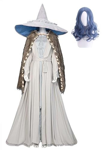 Bauxhie Damen Elden Ring Kostüm Hexe Ranni Cosplay Kleid Robe Hut Anzug für Halloween (Weiß + Perücke, XS) von Bauxhie