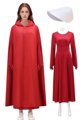 Bauxhie Damen Handmaid Tale Kostüm Offred Cosplay Rot Anzug Kapuzenmantel Kleid Haube Handschuhe Halloween Outfits (Rot, L) von Bauxhie