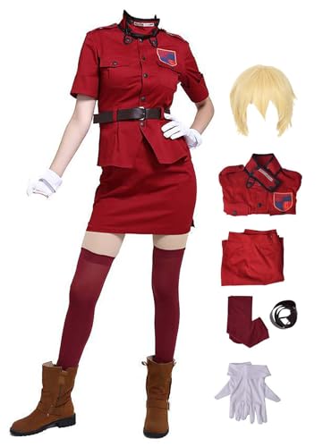 Bauxhie Damen Hellsing Cosplay Seras Victoria Kostüm mit Handschuhen Socken Gürtel rot Uniform Anzug für Halloween (Rot + Perücke, S) von Bauxhie