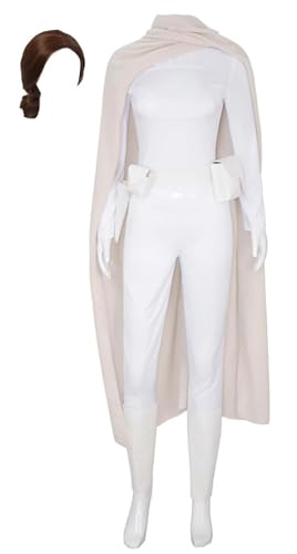 Bauxhie Damen Padme Amidala Kostüm Königin Padme Anzug mit Mantel Gürtel Kampf Uniform für Halloween (Weiß + Perücke, XS) von Bauxhie