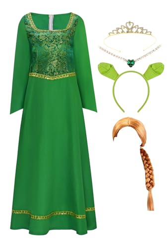 Bauxhie Damen Prinzessin Fiona Cosplay Kostüm Kleid mit Halskette Krone Stirnband Grün Anzug für Halloween (Grün + Perücke, 3XL) von Bauxhie