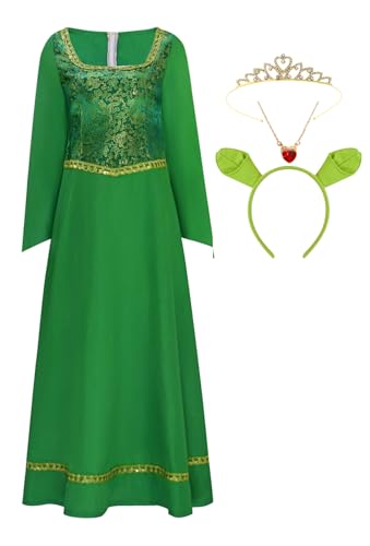 Bauxhie Damen Prinzessin Fiona Cosplay Kostüm Kleid mit Halskette Krone Stirnband Grün Anzug für Halloween (Rot, XS) von Bauxhie