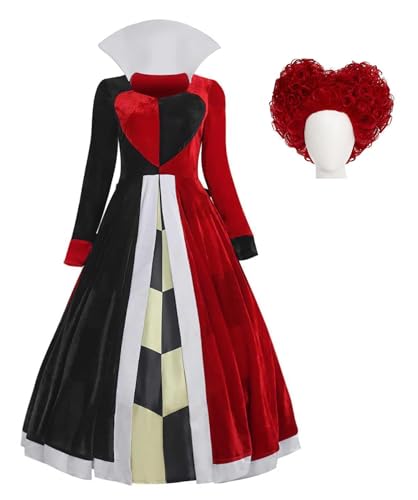 Bauxhie Damen Queen of Hearts Kostüm Red Queen Kleid Krone Ohrringe Perücke Halloween Cosplay Anzug (Rot + Perücke, XXL) von Bauxhie