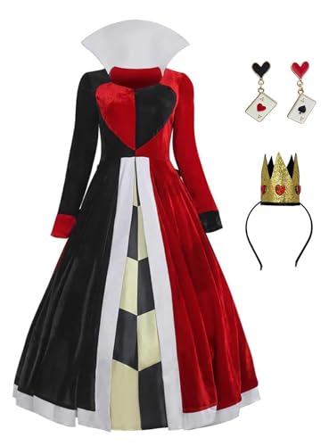 Bauxhie Damen Queen of Hearts Kostüm Red Queen Kleid Krone Ohrringe Perücke Halloween Cosplay Anzug (Rot 2, XL) von Bauxhie
