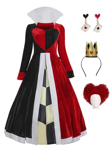 Bauxhie Damen Queen of Hearts Kostüm Red Queen Kleid Krone Ohrringe Perücke Halloween Cosplay Anzug (Rot 2 + Perücke, 3XL) von Bauxhie