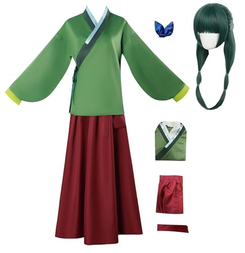 Bauxhie Damen The Apothecary Diaries Cosplay Kostüm Apothekerin Mädchen Maomao Kleid Hanfu Anzug für Halloween (Grün + Perücke, XXL) von Bauxhie