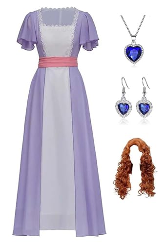 Bauxhie Damen Titanic Rose Kostüm Chiffon Kleid Abendkleid Halloween Cosplay Outfit (Lila + Perücke, M) von Bauxhie
