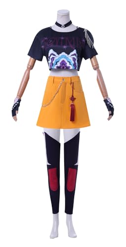 Bauxhie Demon Hunters Cosplay Mira Kostüm Damen Tops Rock Halskette Socken Handschuhe Uniform Anzug für Halloween (Gelb, S) von Bauxhie