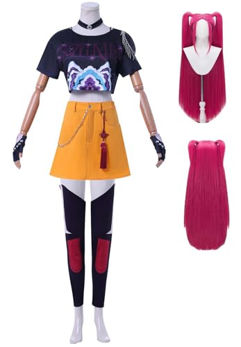 Bauxhie Demon Hunters Cosplay Mira Kostüm Damen Tops Rock Halskette Socken Handschuhe Uniform Anzug für Halloween (Gelb + Perücke, L) von Bauxhie